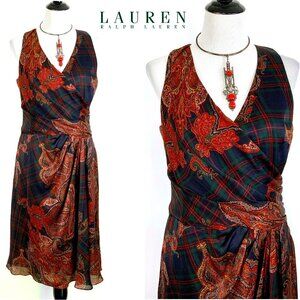 LAUREN Ralph Lauren  Silk Paisley and Plaid Faux Wrap Dress Size 10